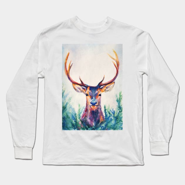 watercolor deer with big antlers Long Sleeve T-Shirt by MariDein